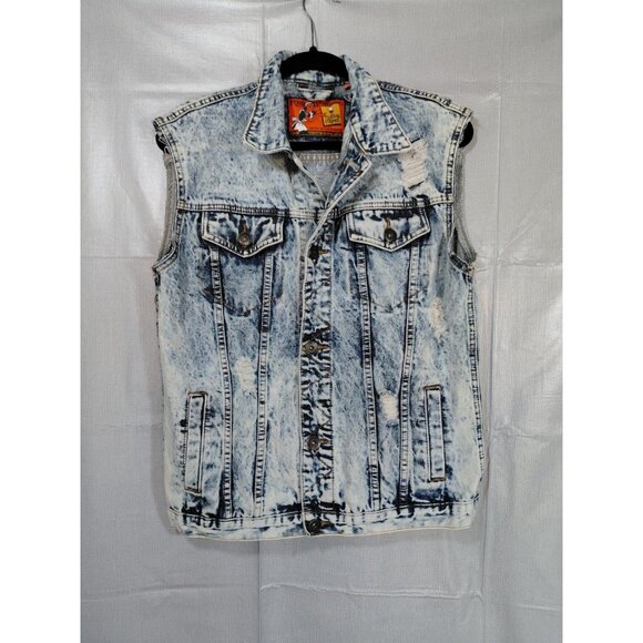Y2K Rolling Paper Acid Wash Denim Vest Men's Small Distressed Grunge Streetwear - Picture 1 of 13